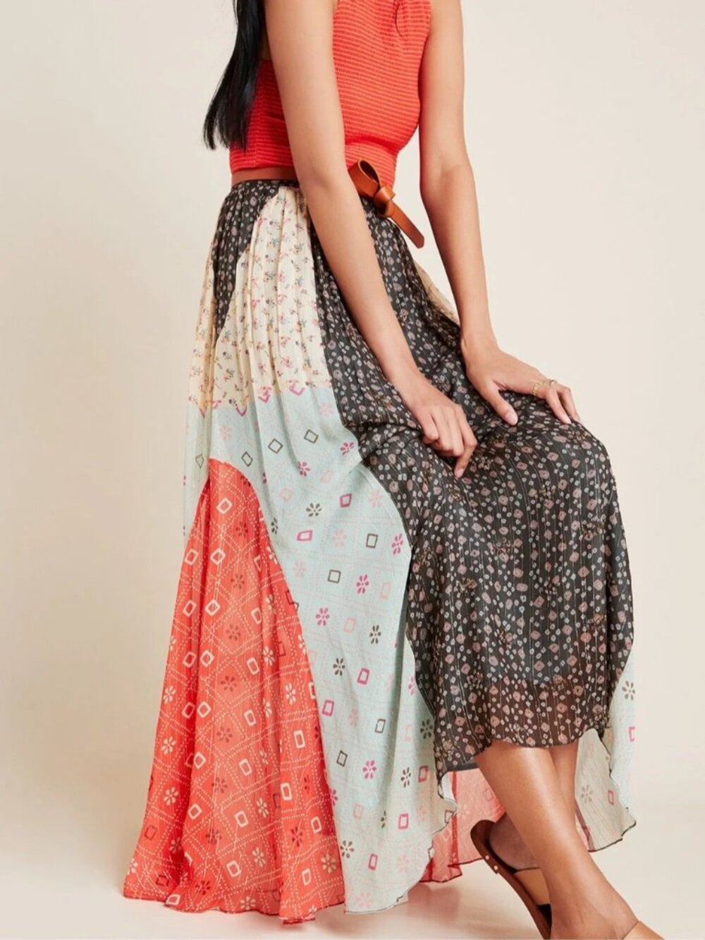 Anthropologie Verb Pallavi Singhee Margot Pleated Patchwork Maxi Skirt Sz 2 Boho